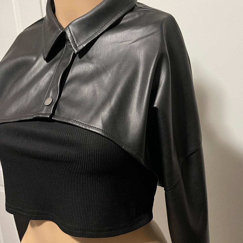 Faux Leather Crop Shirt and Brami Tank